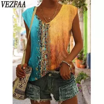VEZFAA Women s Fashion Casual Summer Spring Colour Block Print Sleeveless V-Neck Blouses & Shirts