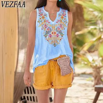 VEZFAA Женская мода повседневная летняя весна цветочный узор принт без рукавов V-образный вырез блузки и рубашки S небесно-голубой