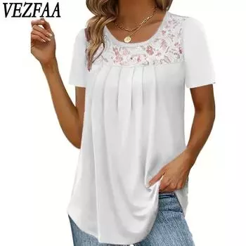 VEZFAA Женская мода Повседневная Летняя Весна Однотонный Принт Короткие Рукава U-образный Вырез Блузки и Рубашки S белый