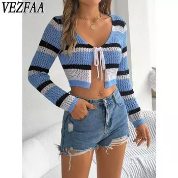 VEZFAA Женская мода повседневная летняя весна полосатый принт длинный рукав V-образный вырез блузки и рубашки S синий