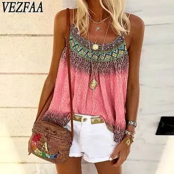VEZFAA Женская мода Повседневная Летняя Весна Цветные Блоки Принт Без Рукавов Блузки и Рубашки S зелёный