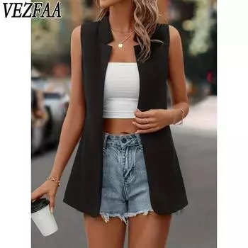 VEZFAA Женская мода Повседневная Летняя Весна Однотонные принтованные блузки и рубашки без рукавов S чёрный