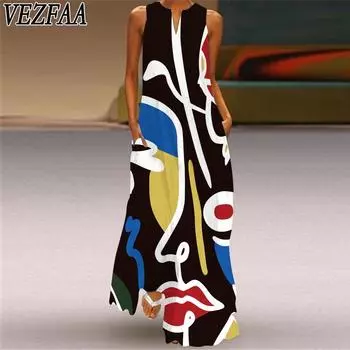 VEZFAA Women s Fashion Casual Summer Spring Flower Pattern Print Sleeveless V-Neck Casual Dresses S