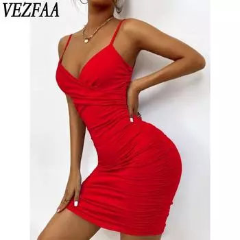 VEZFAA Women s Fashion Casual Summer Spring Solid Color Print Sleeveless V-Neck High Waist Cocktail & Evening Dresses S красный