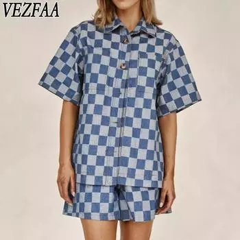VEZFAA Women s Fashion Casual Summer Spring Plaid Print Short Sleeve POLO Neck Trousers Pants Suits S джинсовый синий