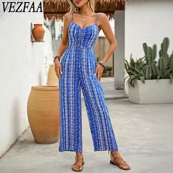 VEZFAA Women s Fashion Casual Summer Spring Geometric Print Sleeveless Suspenders High Waist Trousers Jumpsuits & Rompers S синий