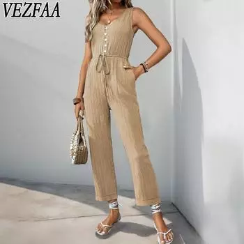 VEZFAA Women s Fashion Casual Summer Spring Solid Color Print Sleeveless V-Neck High Waist Trousers Jumpsuits & Rompers S армия зеленый
