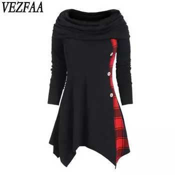 VEZFAA Women s Fashion Fall Winter Plaid Print Long Sleeve Middle Waistline Casual Dresses S