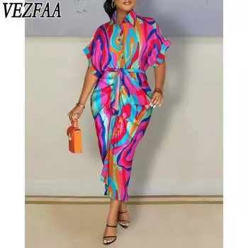 VEZFAA Женская мода весна-осень геометрический принт короткий рукав поло воротник повседневные платья S розовый