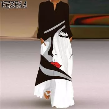 VEZFAA Women s Fashion Spring Fall Long Sleeve V-Neck Casual Dresses S