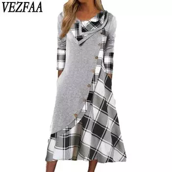 VEZFAA Women s Fashion Spring Fall Plaid Print Long Sleeve Middle Waistline Casual Dresses S
