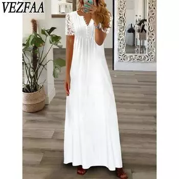VEZFAA Women s Fashion Spring Fall Solid Color Print Short Sleeve V-Neck Middle Waistline Casual Dresses