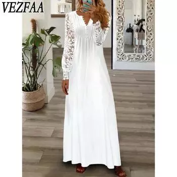 VEZFAA Women s Fashion Spring Fall Solid Color Print Long Sleeve V-Neck Middle Waistline Casual Dresses