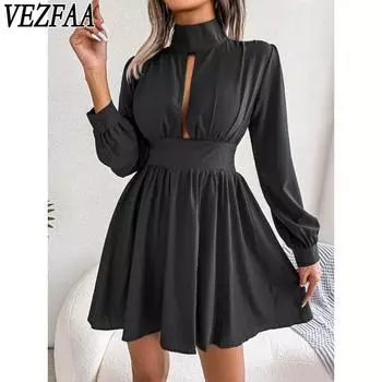 VEZFAA Женская мода весна осень однотонный принт длинный рукав полуводолазка высокая талия повседневные платья S чёрный