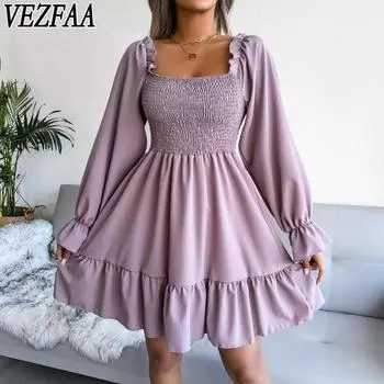 VEZFAA Женская мода весна осень однотонный принт длинный рукав квадратный воротник высокая талия повседневные платья S бордовый