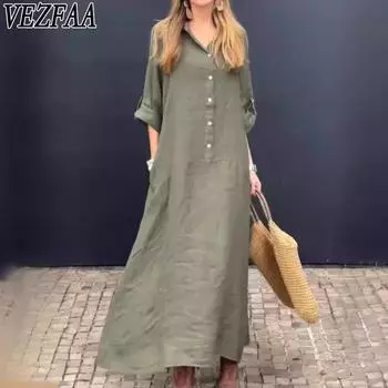 VEZFAA Women s Fashion Spring Fall Solid Color Print 3/4 Sleeves POLO Neck Loose Waistline Casual Dresses S зелёный