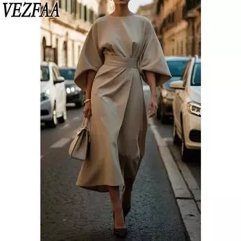 VEZFAA Women s Fashion Spring Fall Solid Color Print 3/4 Sleeves O-Neck High Waist Casual Dresses S чёрный