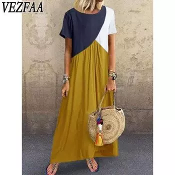 VEZFAA Женская мода Лето Весна Цветные Блоки Принт Короткие рукава О-образный вырез Высокая талия Повседневные платья S жёлтый