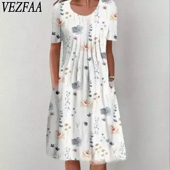 VEZFAA Женская мода Лето Весна Цветочный узор Принт Короткий рукав V-образный вырез Средняя талия Повседневные платья S белый