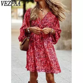 VEZFAA Женская мода лето весна цветочный узор принт рукава 3/4 V-образный вырез средняя талия повседневные платья S красный