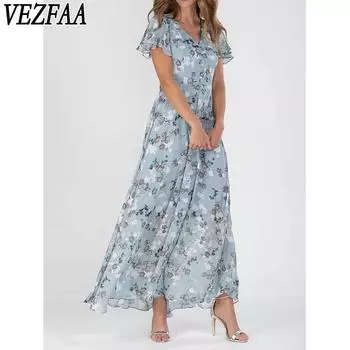VEZFAA Женская мода Лето Весна Цветочный узор Принт Короткий рукав V-образный вырез Средняя талия Повседневные платья S зелёный