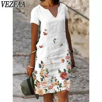 VEZFAA Женская мода Лето Весна Цветочный узор Принт Короткий рукав V-образный вырез Средняя талия Повседневные платья S белый