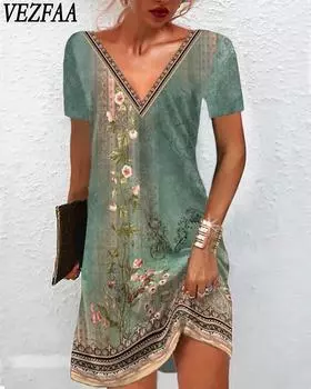 VEZFAA Женская мода Лето Весна Цветочный узор Принт Короткий рукав V-образный вырез Свободная талия Повседневные платья S зелёный