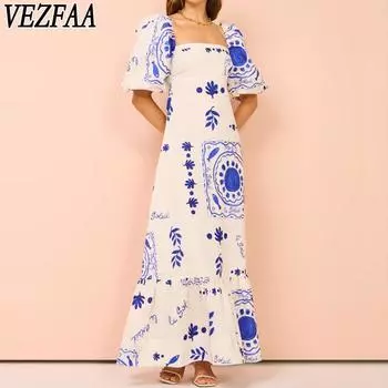 VEZFAA Женская мода Лето Весна Цветочный узор Принт Короткий рукав Квадратный воротник Средняя талия Повседневные платья S синий