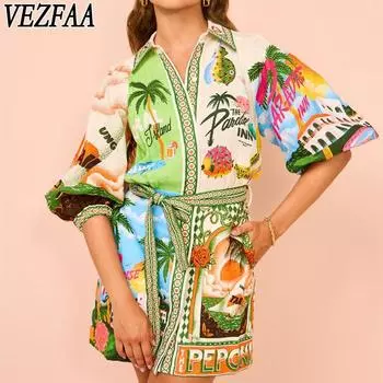 VEZFAA Женская мода лето весна цветочный узор принт короткий рукав поло воротник средняя талия повседневные платья S