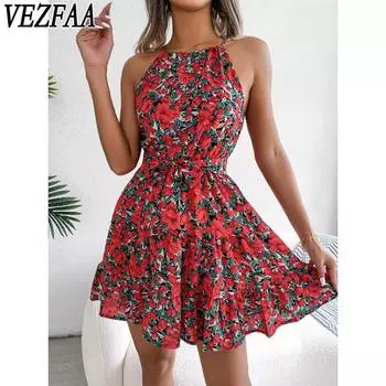 VEZFAA Женская мода лето весна цветочный узор принт без рукавов свисающий вырез высокая талия повседневные платья S красный