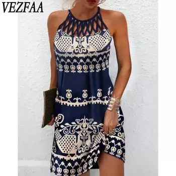 VEZFAA Женские Модные Летние Весенние Платья с Принтом Цветочного Узора, Без Рукавов, с Открытой Шеей, Средней Линией Талии, Повседневные S