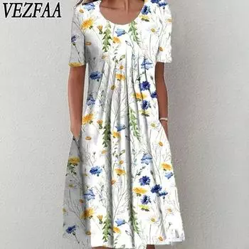 VEZFAA Женская мода Лето Весна Цветочный узор Принт Короткие рукава О-образный вырез Средняя талия Повседневные платья S