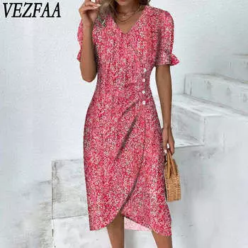 VEZFAA Женская мода Лето Весна Геометрический принт Короткие рукава V-образный вырез Высокая талия Повседневные платья S зелёный