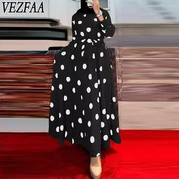 VEZFAA Женская мода Лето Весна Горошек Принт Длинный рукав Повседневные платья S чёрный