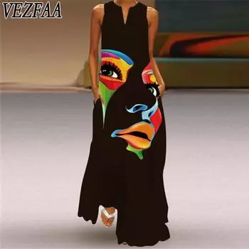 VEZFAA Women s Fashion Summer Spring Print Sleeveless V-Neck Loose Waistline Casual Dresses S