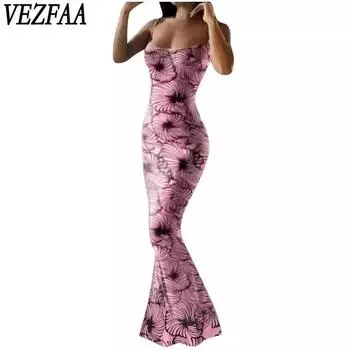 VEZFAA Women s Fashion Summer Spring Print Sleeveless U-Neck Middle Waistline Casual Dresses S розовый