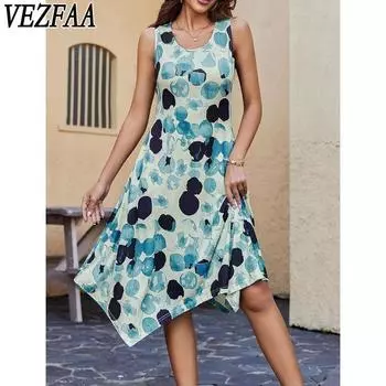 VEZFAA Women s Fashion Summer Spring Sleeveless O-Neck Middle Waistline Casual Dresses S