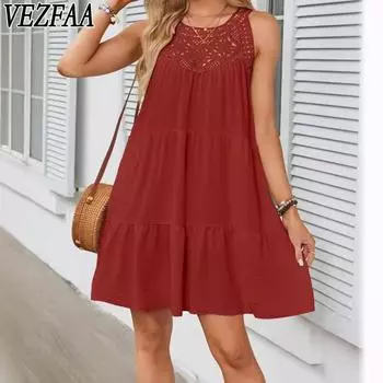 VEZFAA Женская мода лето весна однотонный принт без рукавов свисающий вырез свободная талия повседневные платья S белый