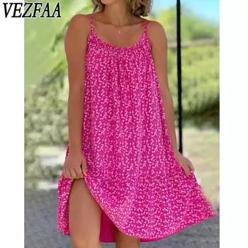 VEZFAA Женская мода Лето Весна Однотонный принт Без рукавов Одно плечо Свободная талия Повседневные платья S красный