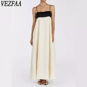 VEZFAA Женская мода лето весна однотонный принт без рукавов свободная талия повседневные платья XS абрикосовый