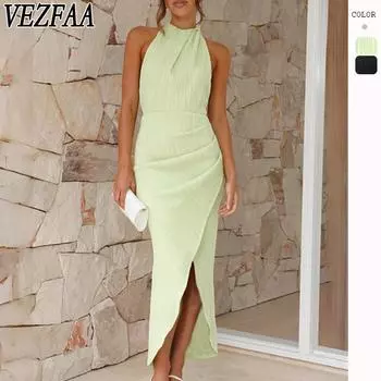VEZFAA Женская мода Лето Весна Однотонный Принт Без Рукавов Свисающий Вырез Высокая Талия Повседневные Платья S чёрный