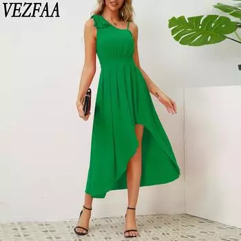 VEZFAA Women s Fashion Summer Spring Solid Color Print Sleeveless Oblique Collar Middle Waistline Casual Dresses S зелёный