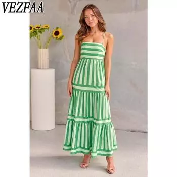 VEZFAA Женская мода лето весна полосатый принт без рукавов средняя талия повседневные платья S зелёный