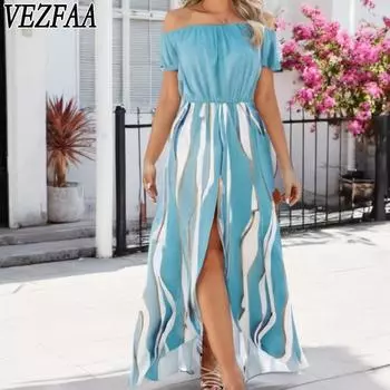 VEZFAA Женская мода Лето Весна Зебра Принт Короткий рукав Одно плечо Повседневные платья S небесно-голубой