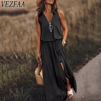 VEZFAA Женская мода Лето Весна Без рукавов V-образный вырез Свободная талия Повседневные платья S чёрный