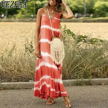 VEZFAA Женская мода Лето Весна Цветные Блоки Принт Без Рукавов V-образный вырез Свободная талия Повседневные Платья S оранжевый