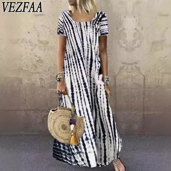 VEZFAA Женская мода Лето Весна Цветные Блоки Принт Короткий рукав Квадратный воротник Свободная талия Повседневные платья S белый