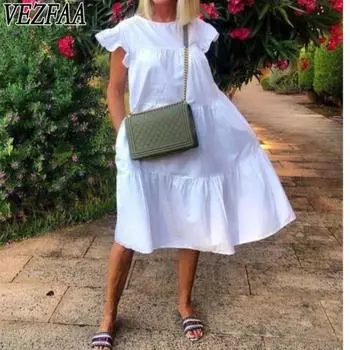 VEZFAA Женская мода Лето Весна Цветочный узор Принт Короткий рукав О-образный вырез Свободная талия Повседневные платья S белый