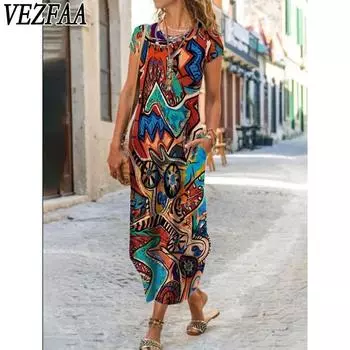 VEZFAA Женская мода Лето Весна Цветочный узор Принт Короткий рукав О-образный вырез Свободная талия Повседневные платья S