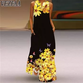 VEZFAA Женская мода Лето Весна Цветочный узор Принт Без рукавов V-образный вырез Повседневные платья S